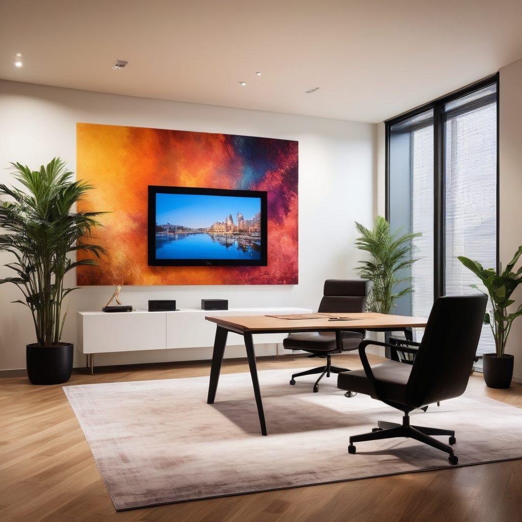 A sleek modern office space with elegant branding elements, featuring a confident business professional presenting innovative solutions on a digital screen. Soft ambient lighting casts a sophisticated glow, while plants and art pieces enhance the ambiance. The scene embodies an upscale and inviting atmosphere that resonates with luxury and innovation. super-realistic. vibrant colors. warm tones.