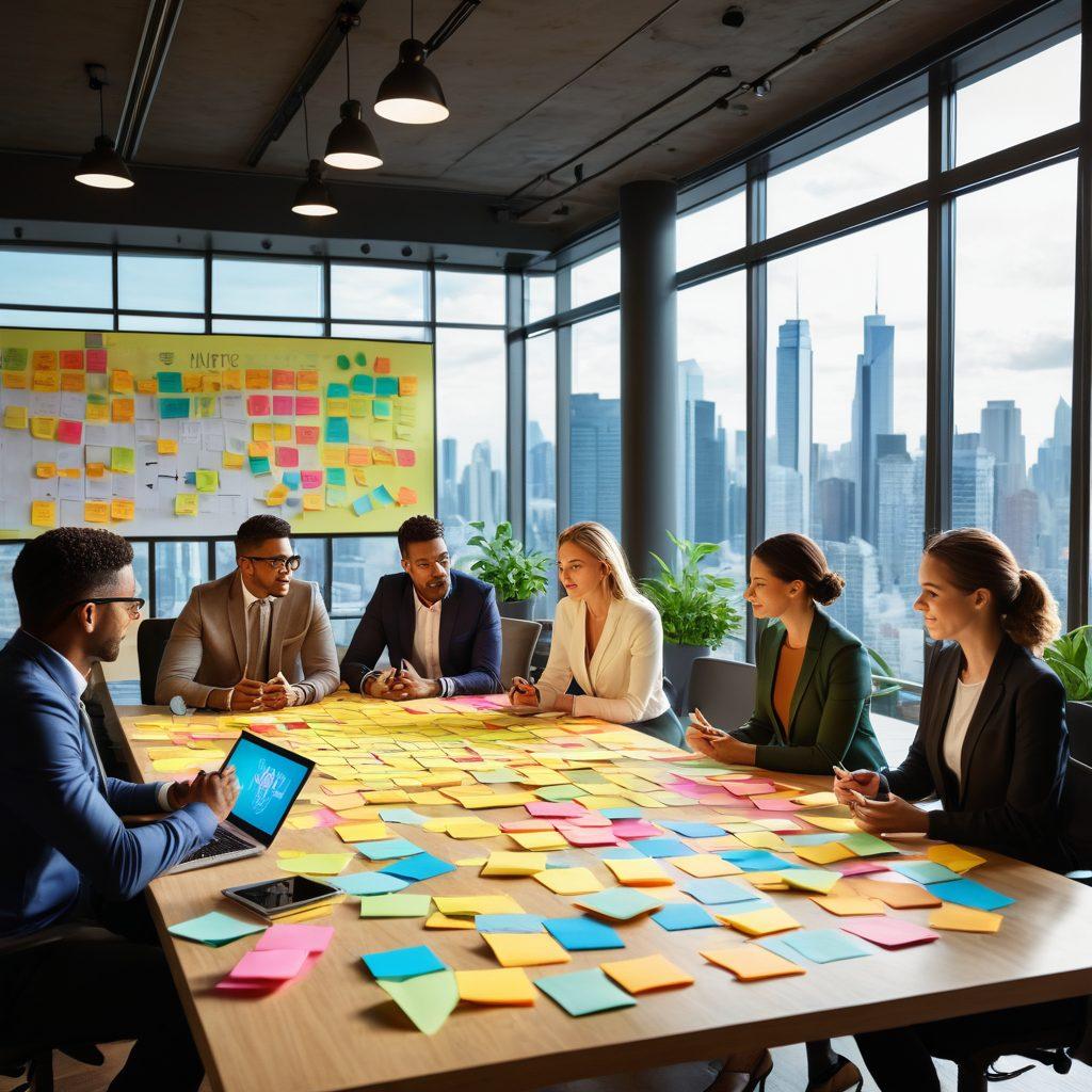 A modern office scene with a diverse group of professionals brainstorming over a large table filled with colorful sticky notes and digital devices. The atmosphere is energetic and collaborative, showcasing charts and graphics on a screen that represent innovative strategies. A backdrop of bright city skyline through large windows symbolizes success and opportunity. Include warm lighting and plants for a lively touch. super-realistic. vibrant colors. 3D.