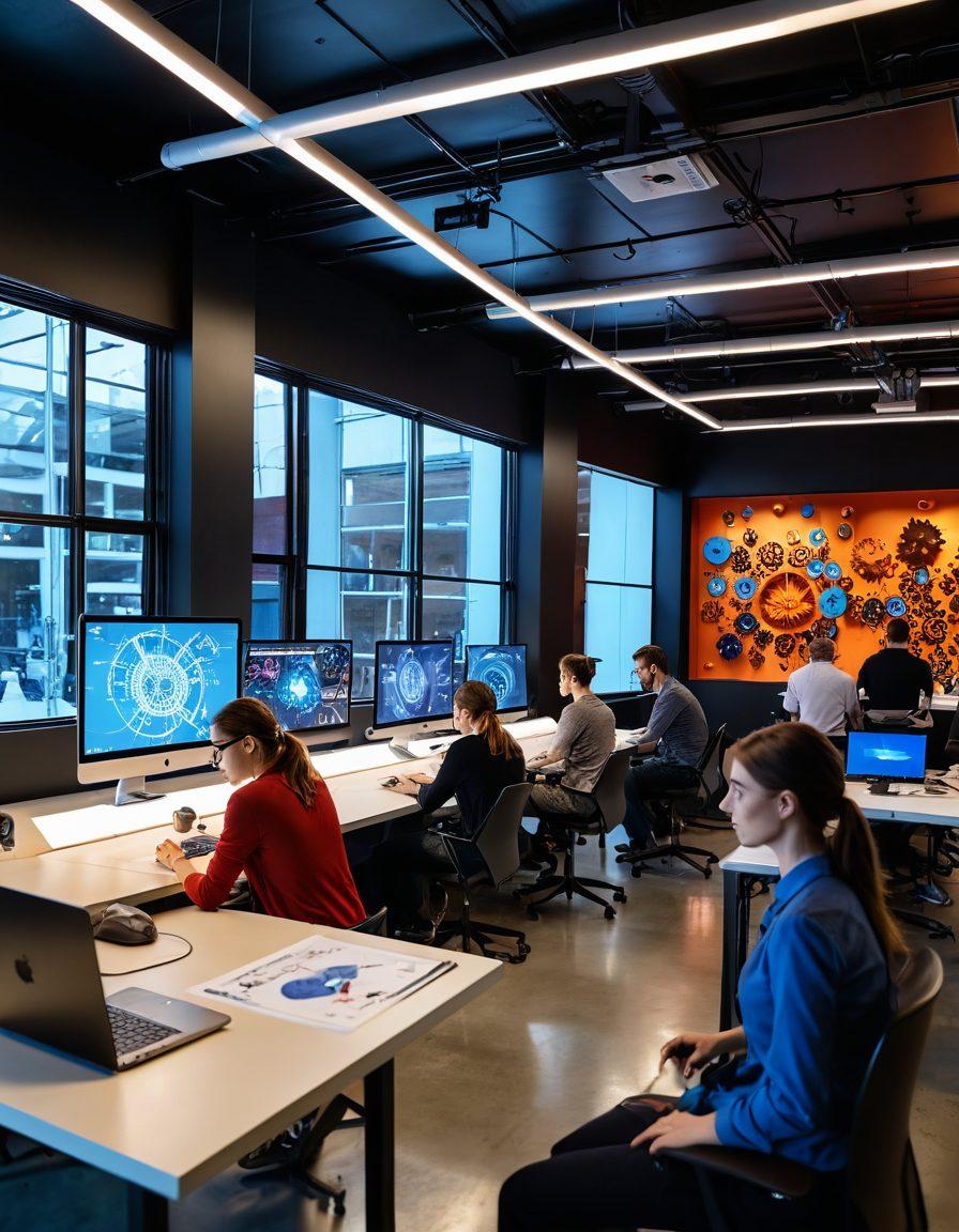 A futuristic workshop filled with innovative tools and technology, showcasing a team of diverse designers brainstorming ideas on sleek digital screens. Bright light illuminates colorful prototypes and 3D models, symbolizing creativity and craftsmanship. Elements like gears, light bulbs, and vibrant sketches blend into a dynamic environment that exudes inspiration. super-realistic. vibrant colors. dynamic perspective.